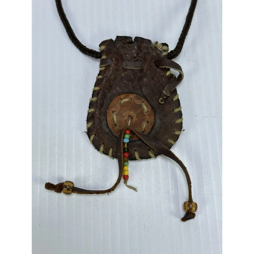 VTG Native American Leather Medicine Bag Beads Tribal Necklace Rawhide Stitching